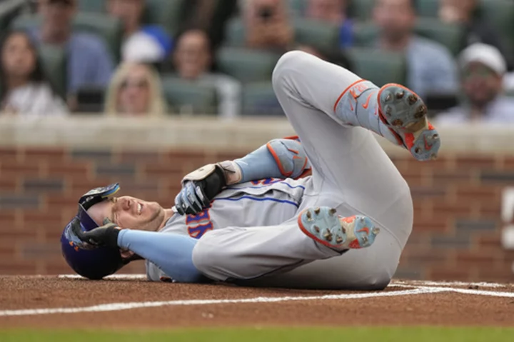 Mets' Alonso hit by pitch near left wrist by 96 mph fastball, leaves game versus Braves